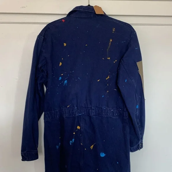 Artist coveralls, jumpsuit, patches and paint, drawstring bottoms, button up